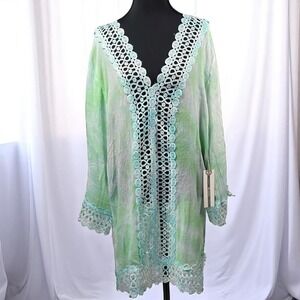 Lagaci Cover-Up Tunic Top‎ Crochet Trim Tie Dye Resort Wear Woman Extra Large